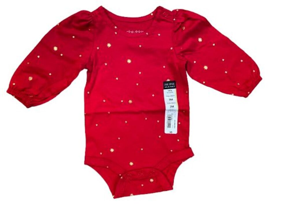 Girl's 3 Month One-piece bodysuit Long Sleeve red w/ gold stars Okie Dokie NWT